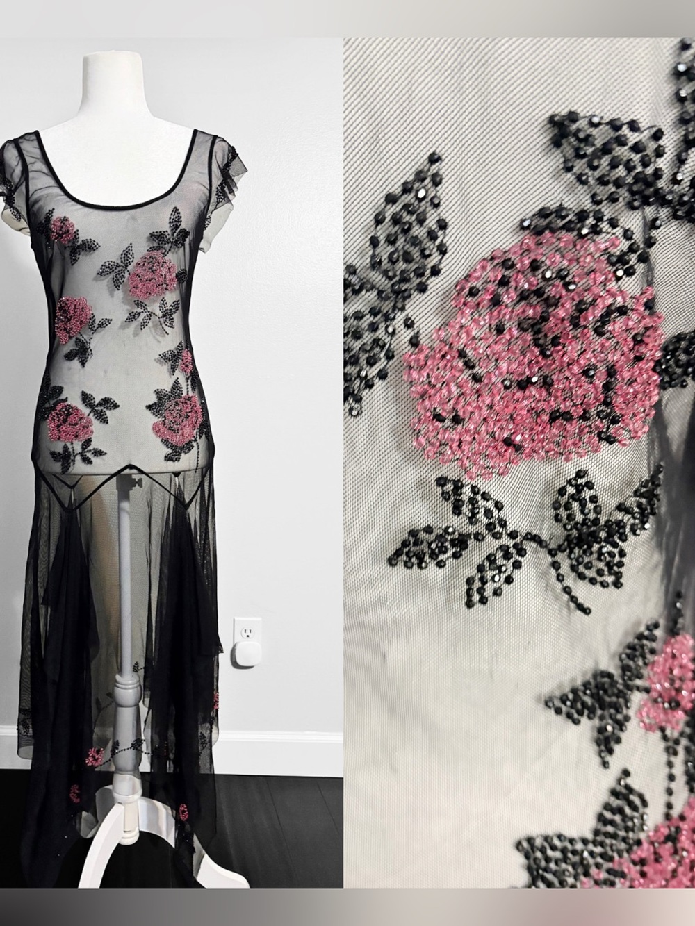 Vintage Rare Sheer Black Mesh Beaded Pink Rose Midi Dress